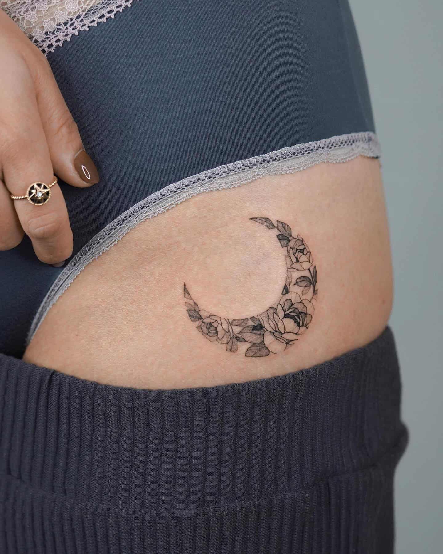 8] Flowers Moon Hip Tattoo: Celestial Bloom