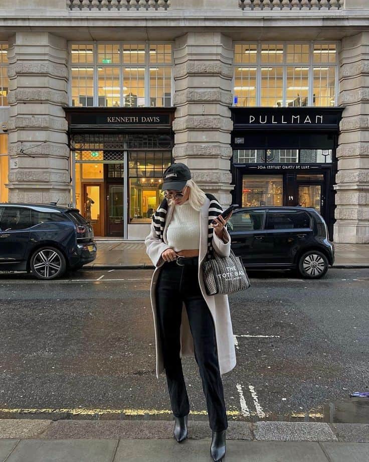 CROP SWEATER + BLACK JEANS + LONG CARDIGAN + STRIPED SWEATER