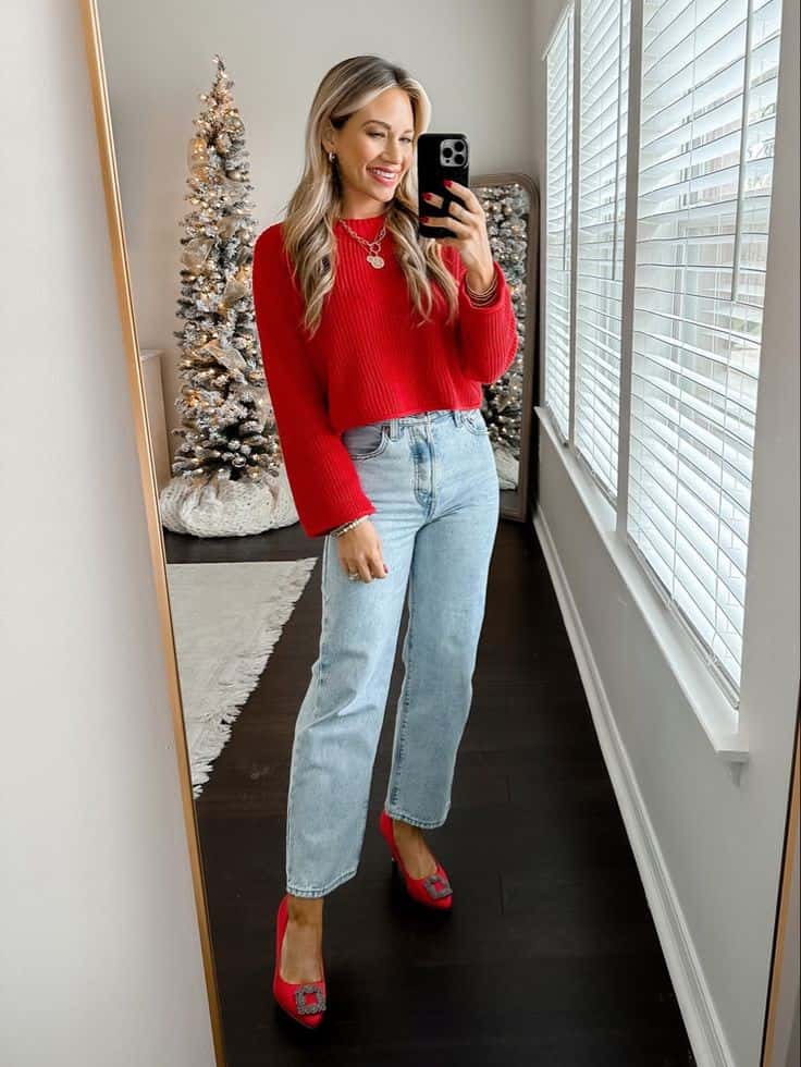 RED SWEATER + JEANS