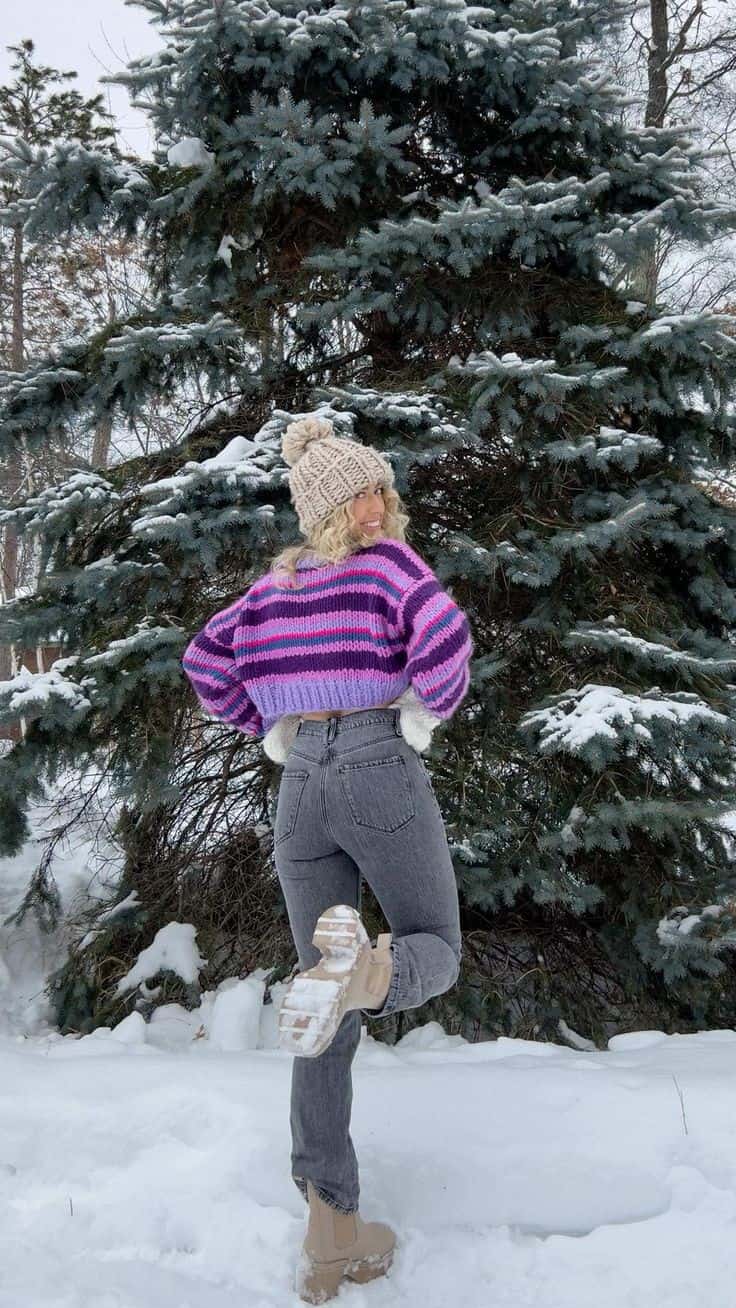 COLORFUL CROPPED SWEATER + JEANS + BOOTS