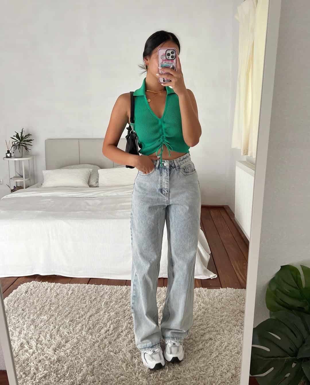 GREEN DRAWSTRING TOP + JEANS