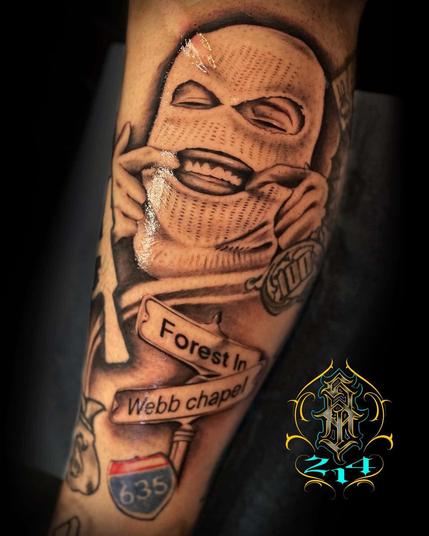 23] Calf Tattoo: Ski Mask and Webb Chapel Street Signs