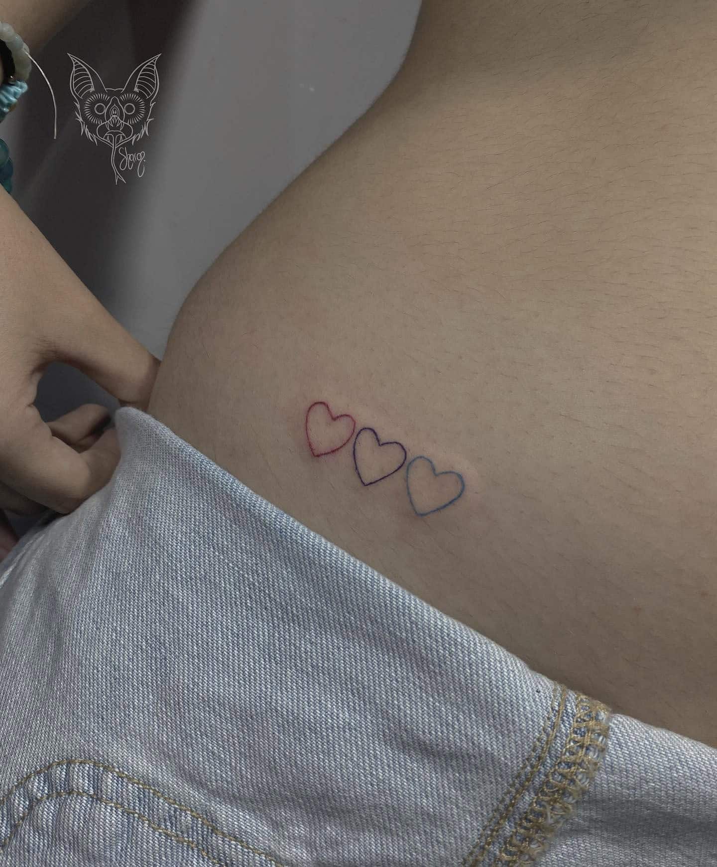 65] Mini Colorful Hearts: Stomach Trio Tattoo