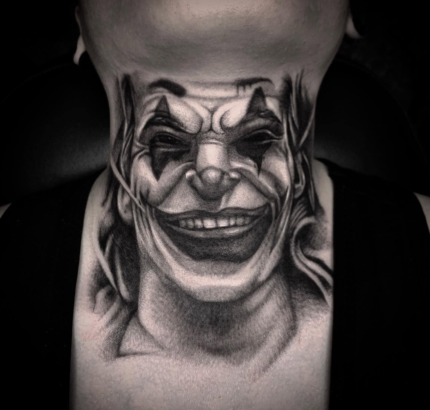 23] Black Work Joker Front Neck Tattoo: Neck Noir