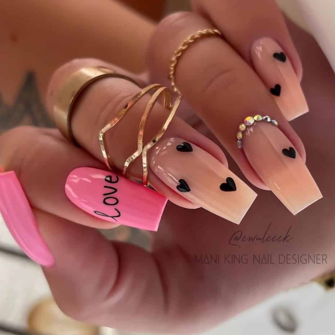 PINK & NUDE VALENTINES NAILS WITH BLACK HEARTS