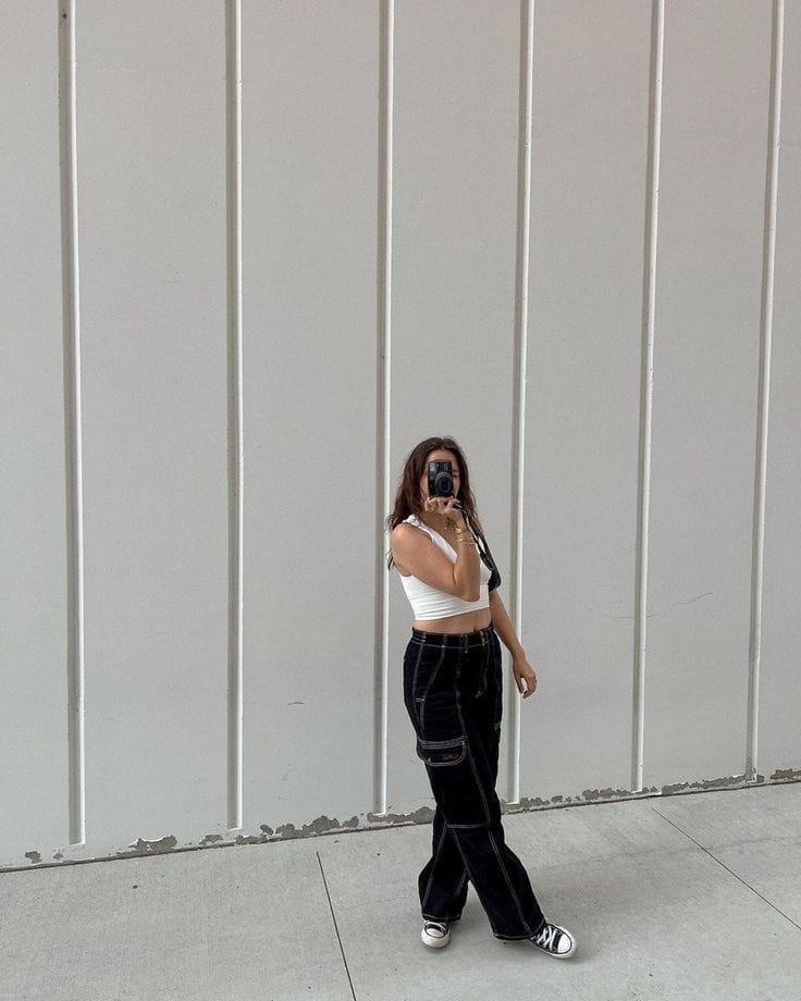 WHITE TOP + BLACK CARGO PANTS