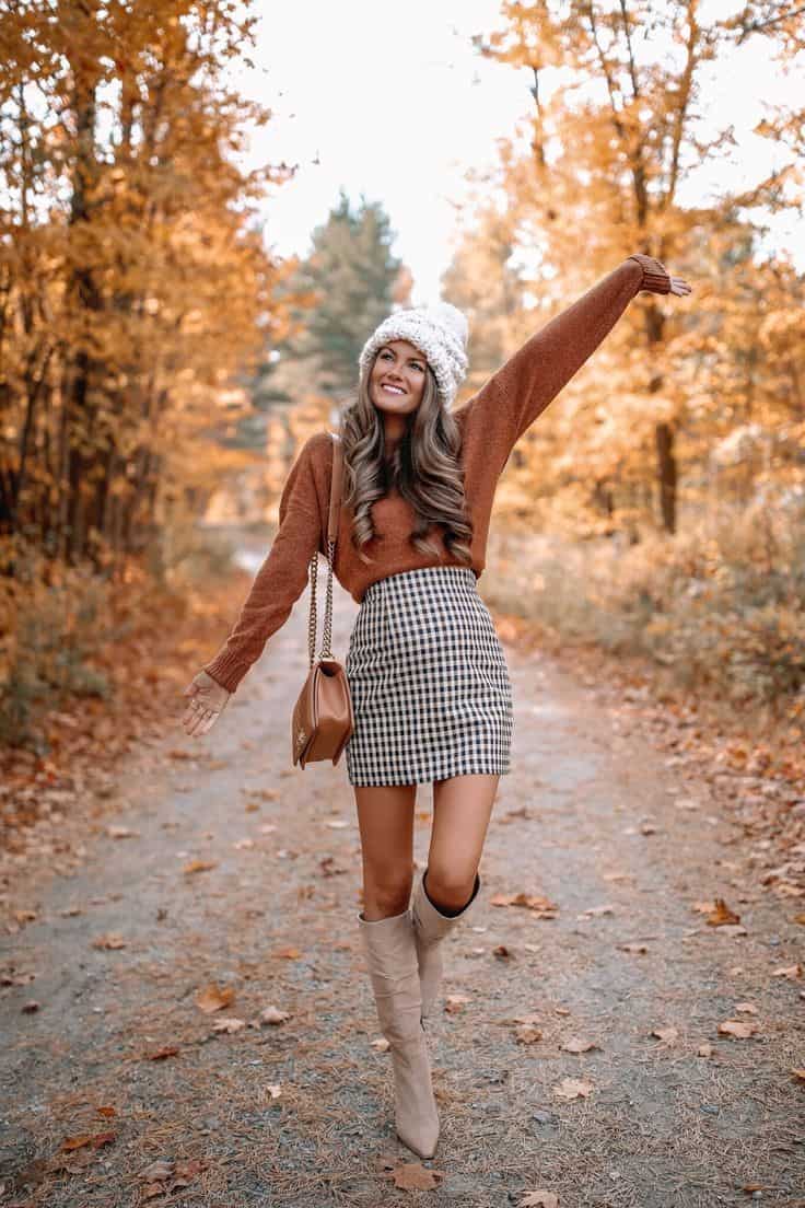 Burnt Orange + Checkered Skirt + Knee High Boots