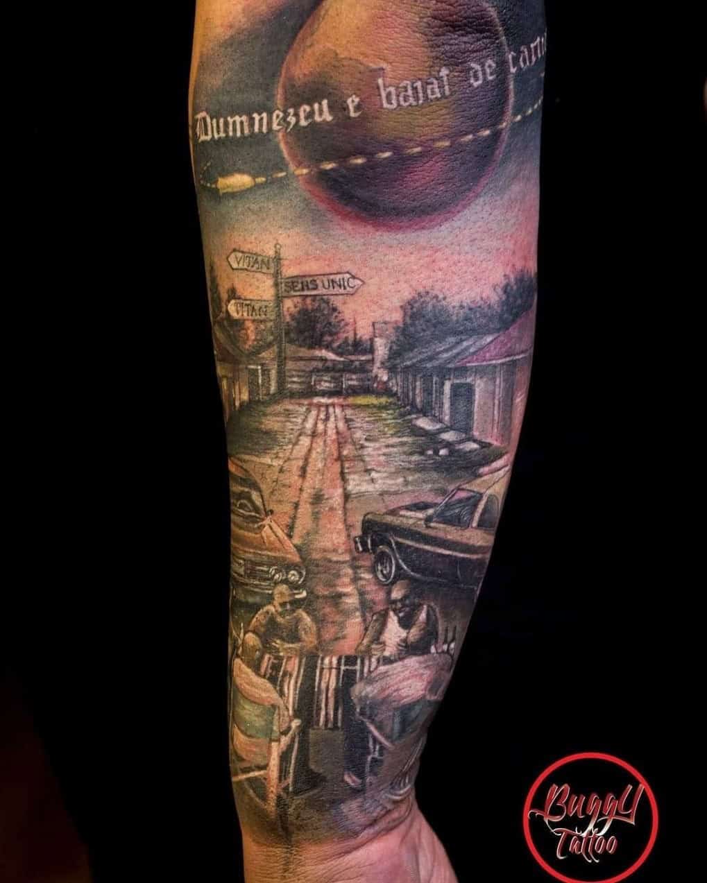 12] Immersive Forearm Street Sign Scenery Tattoos