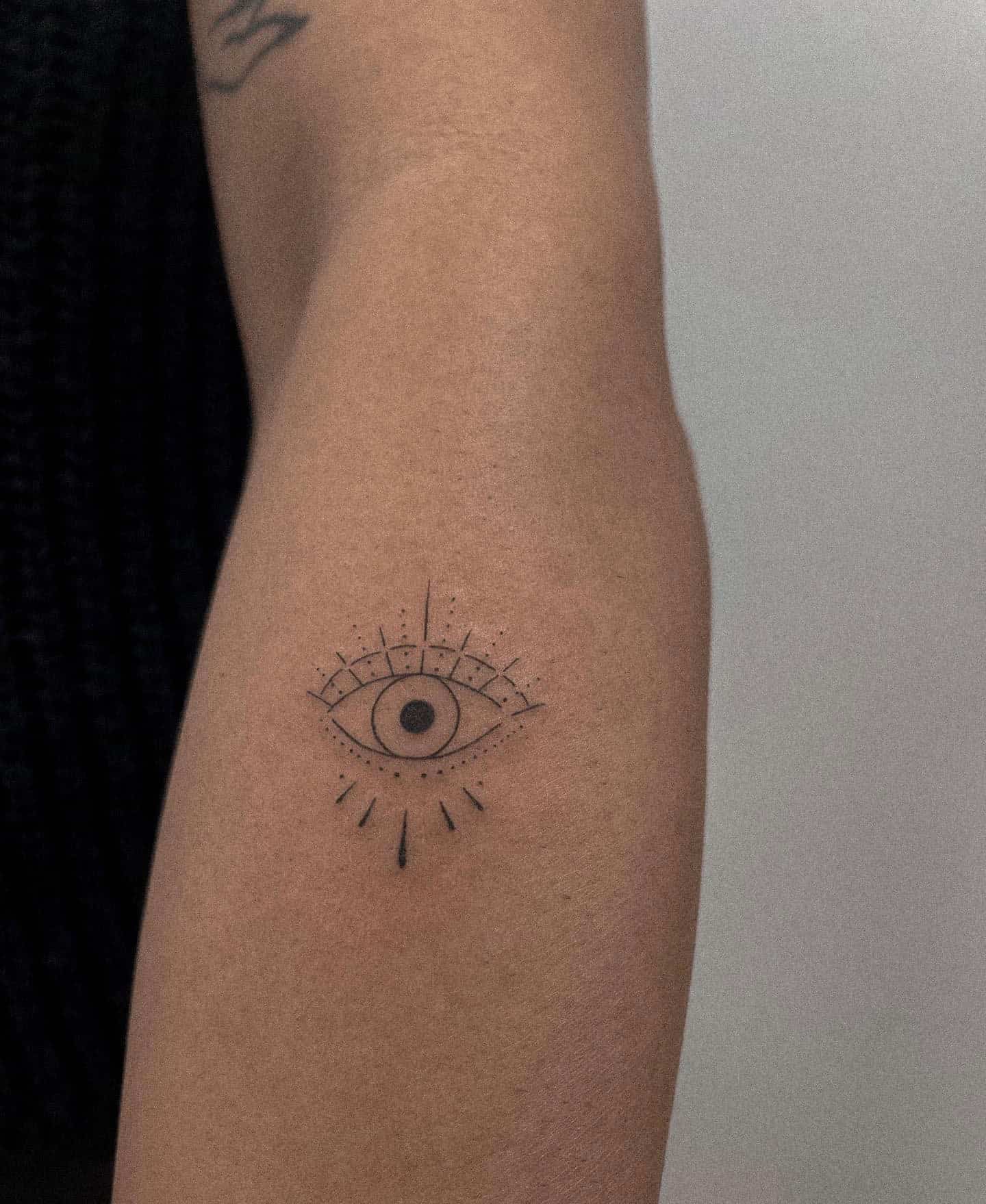 29] Evil Eye in Fineline Style on Forearm: Minimalist Ward