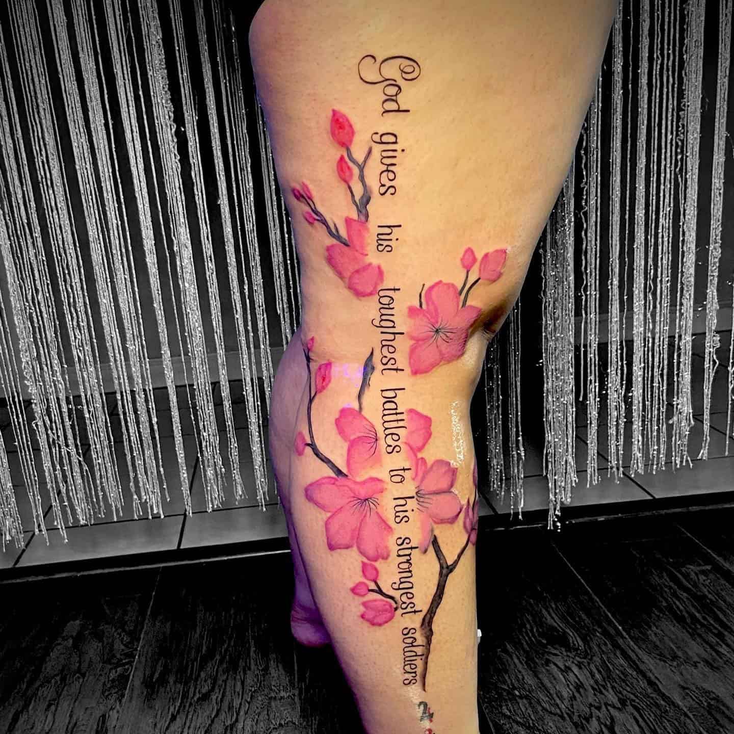 19] Pink Flowers With Quote Leg Tattoo Design