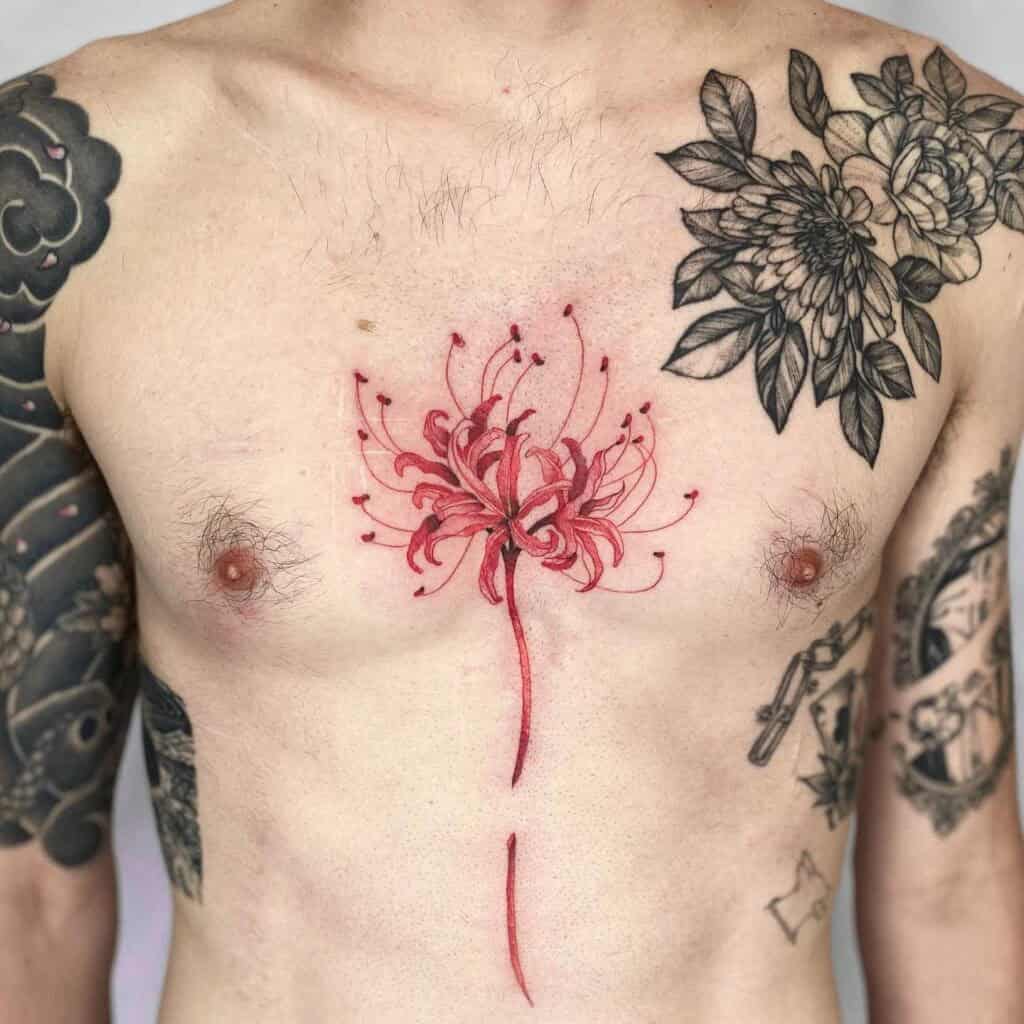 3] Men’s Chest Tattoo: Striking Red Spider Lily