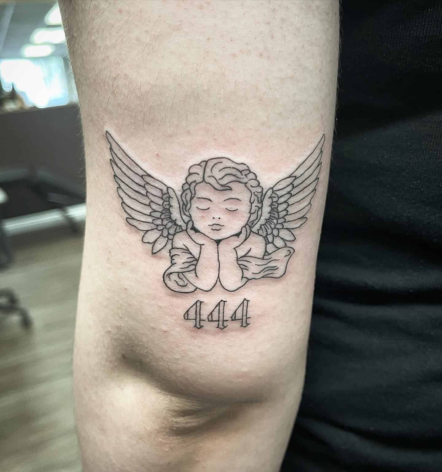 25] Sleeping Baby Angel 444 Elbow Tattoo: Divine Numbers