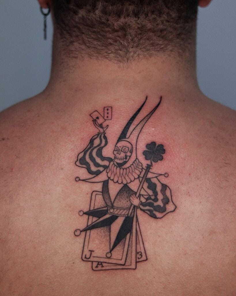 9] Traditional Joker Playing Card Tattoo on the Back of the Neck