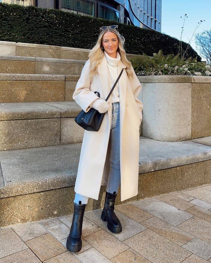 TURTLENECK SWEATER + CREAM COAT + CROPPED JEANS