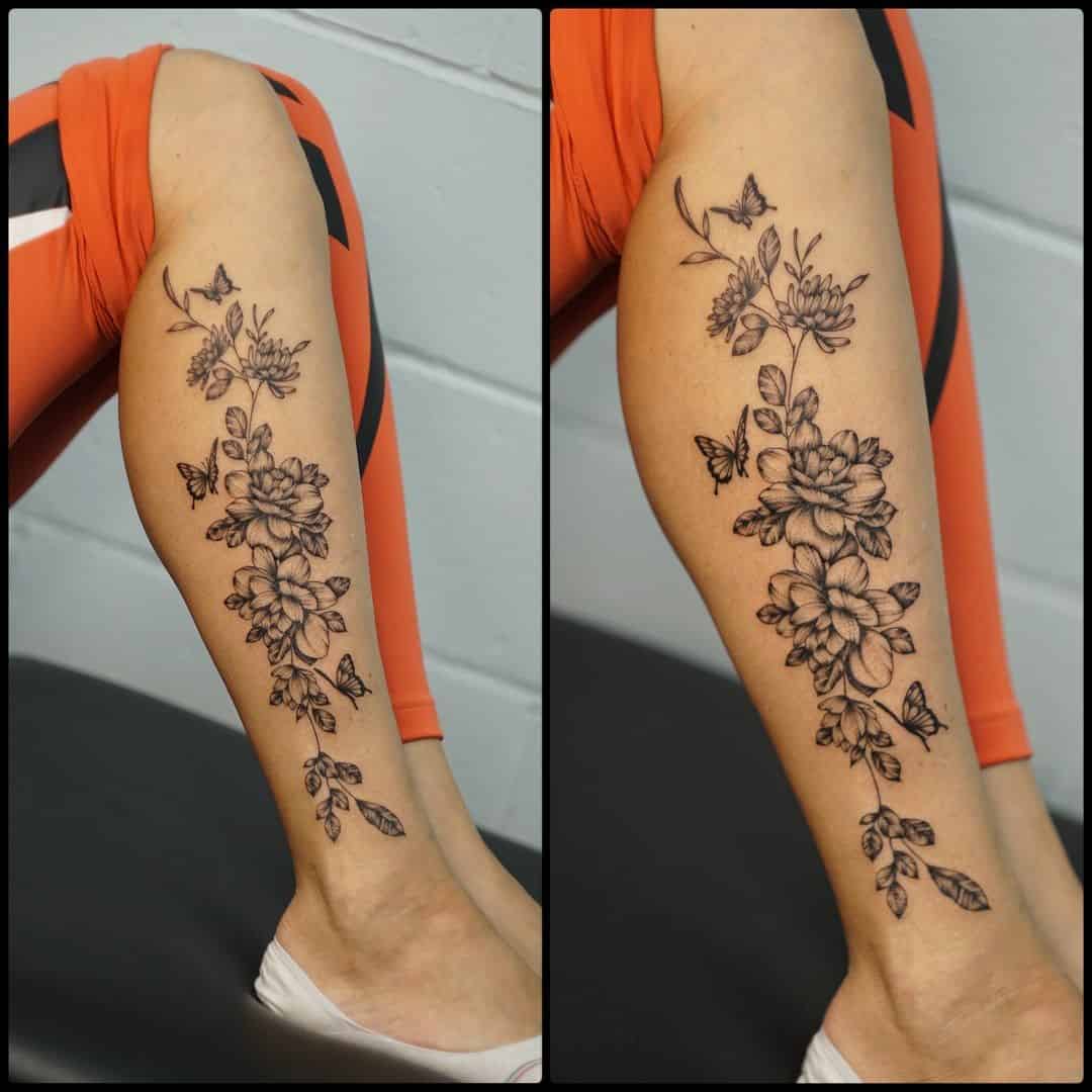 30] Flower And Butterfly Leg Tattoo Design