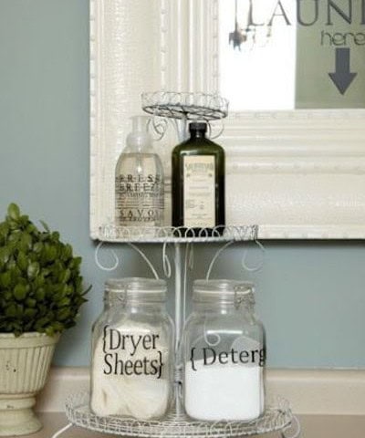 Use a Dessert Stand to Display Detergent and Cleaning Supplies