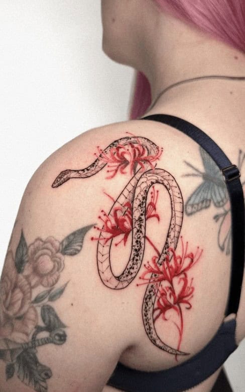 7] Shoulder Snake and Spider Lily Tattoo