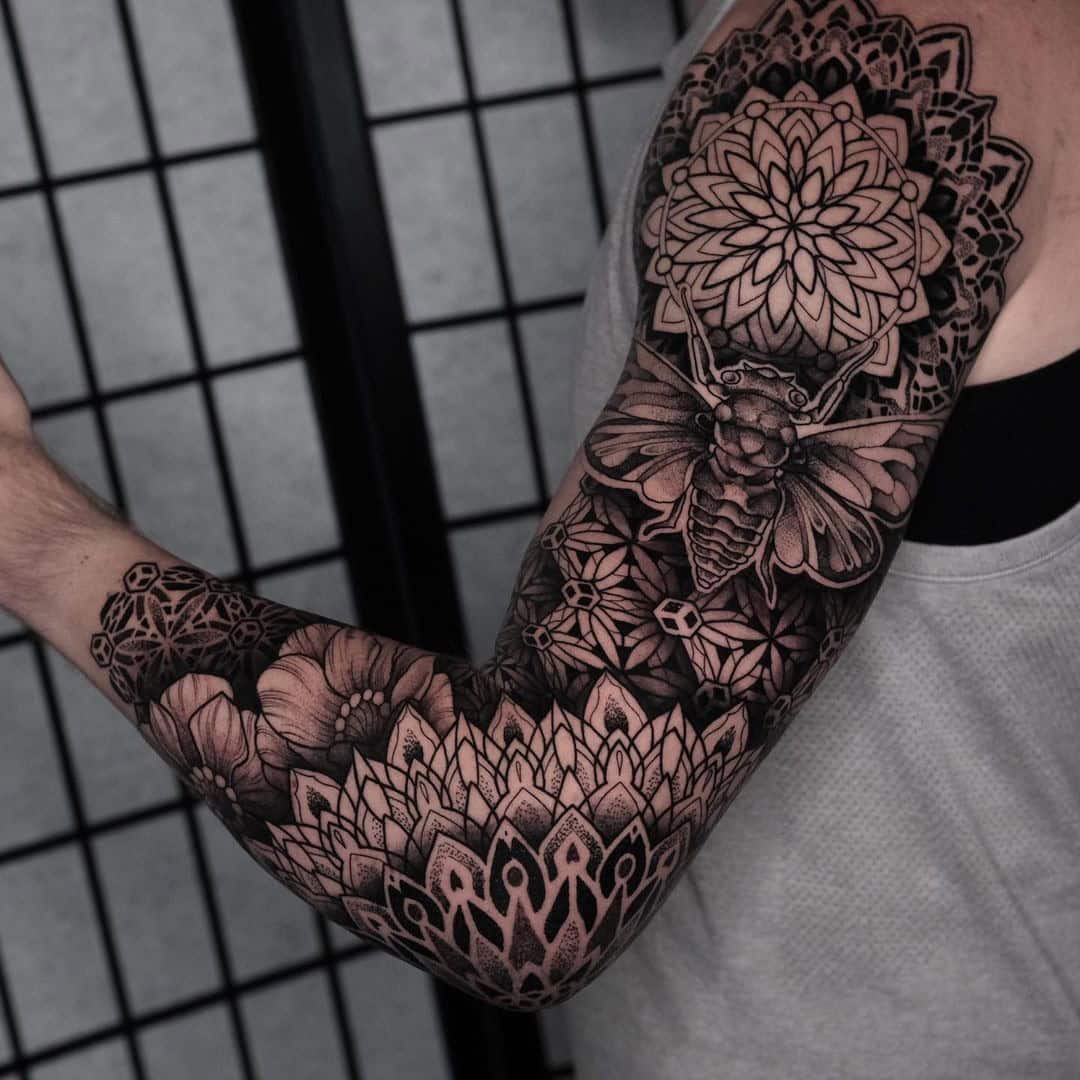 12] Cicada and Mandala Sleeve: Artistic Patterns for Men