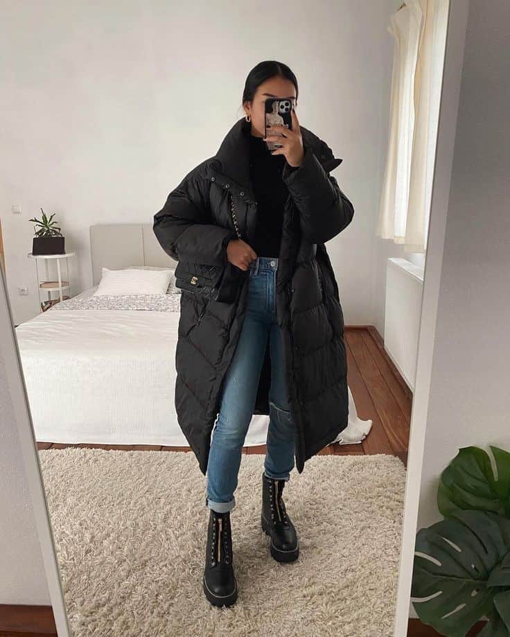 MAXI PUFFER COAT + BLACK TURTLENECK + JEANS