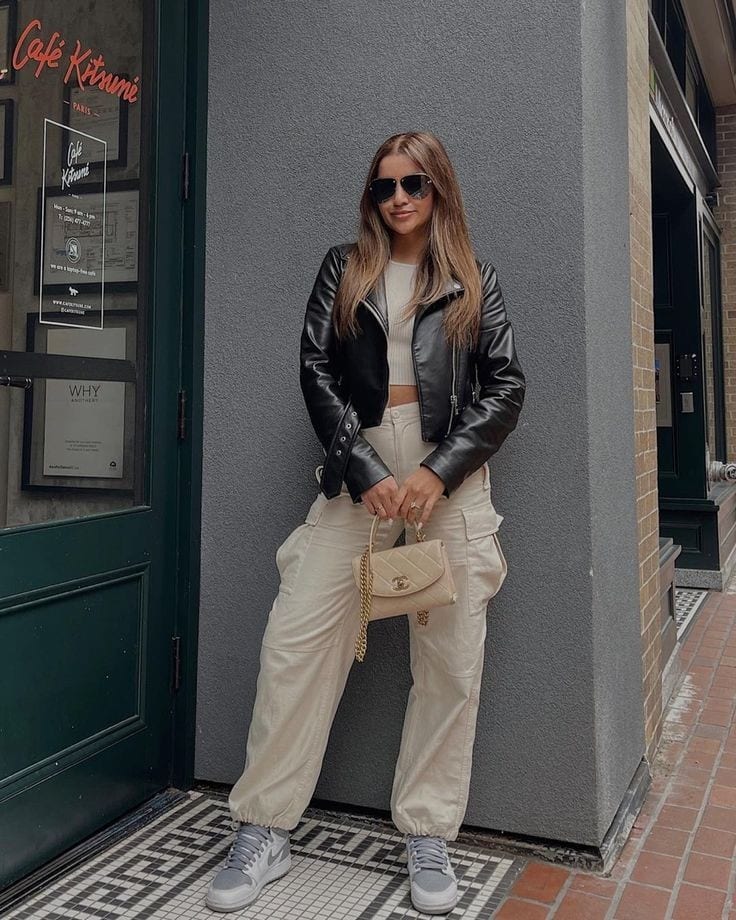 LEATHER JACKET + WHITE TOP + CARGO PANTS