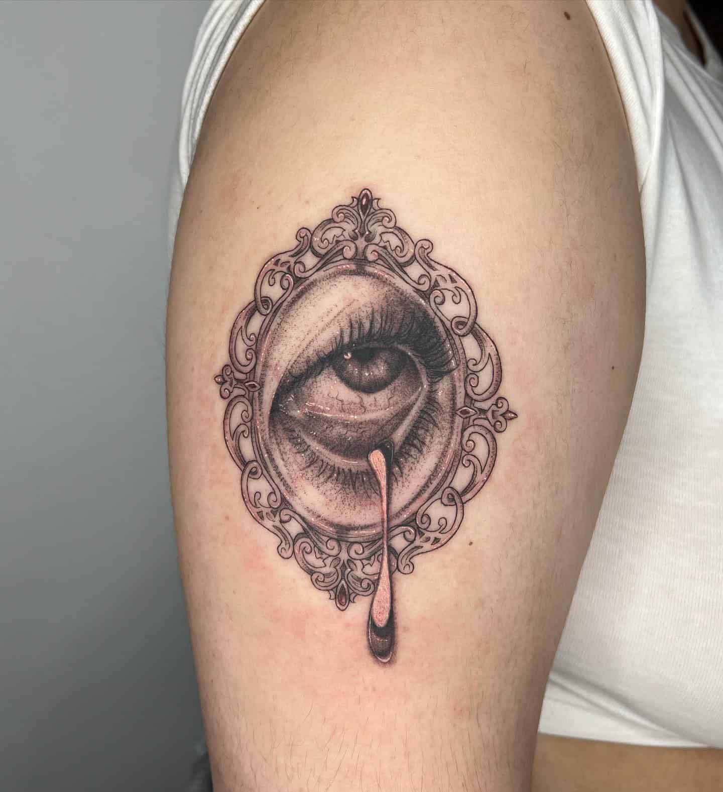 13] Realistic Crying Eye Tattoo Design Inside Mirror