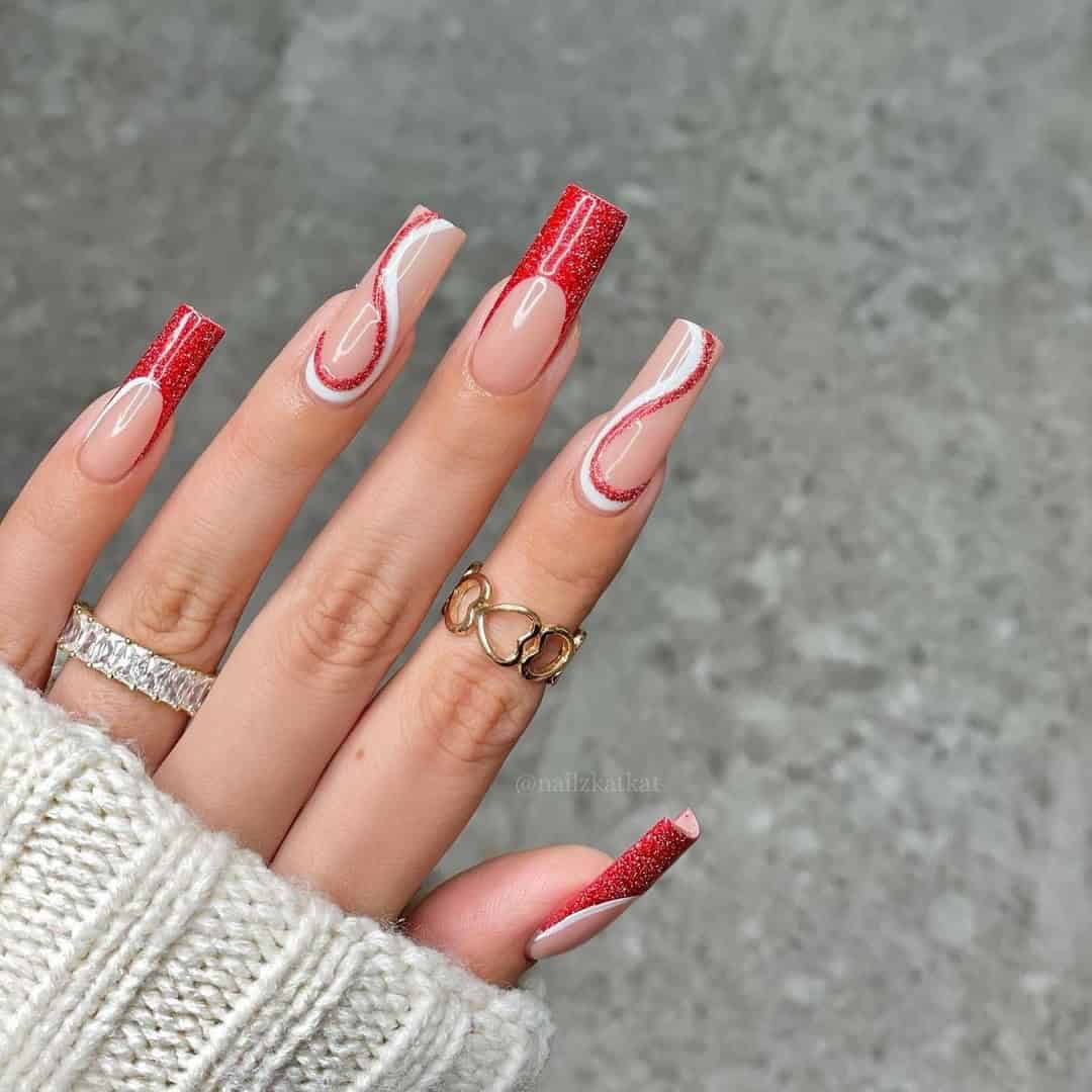 RED FRENCH TIPS WITH SWIRLS