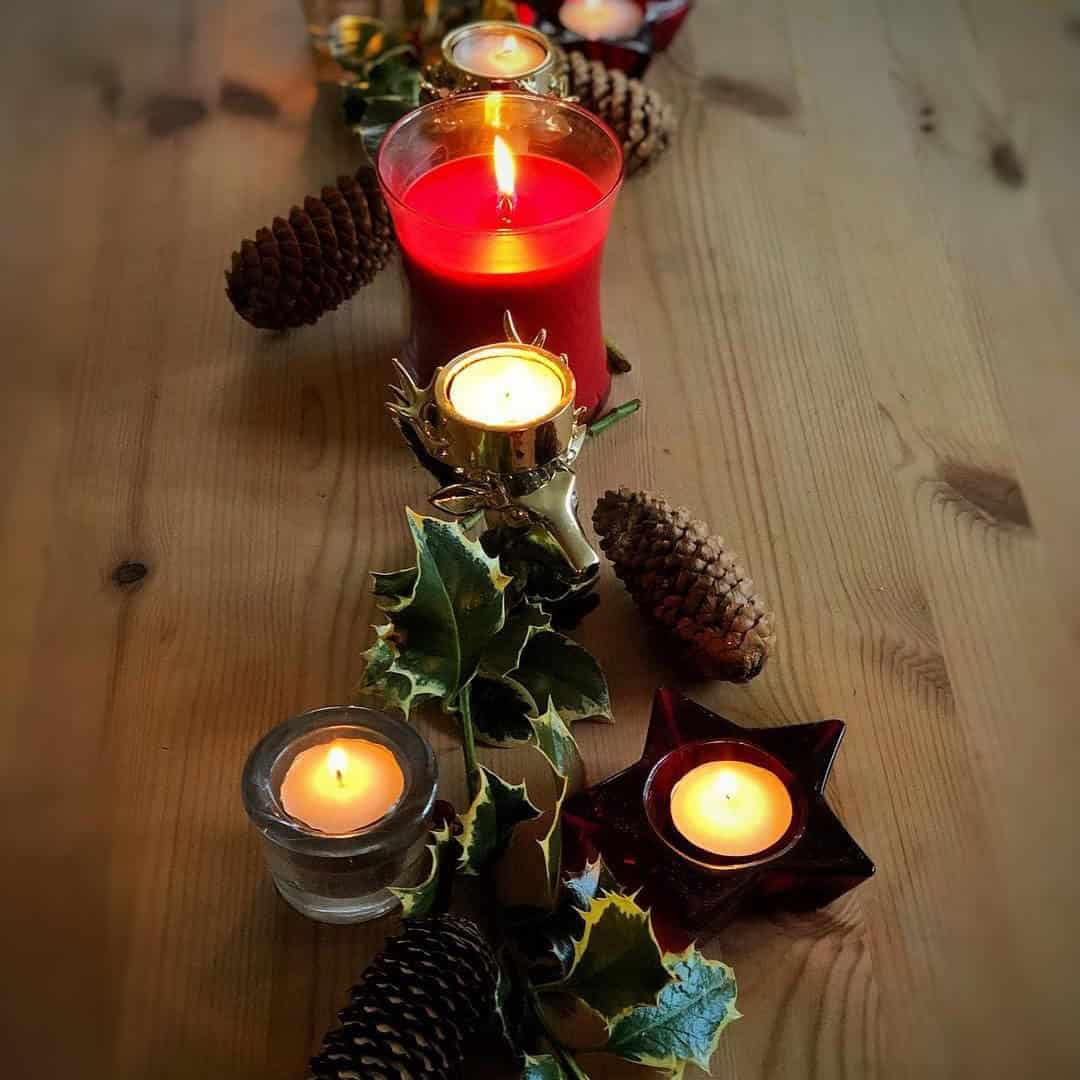 Candle Display with Pinecones and Holly