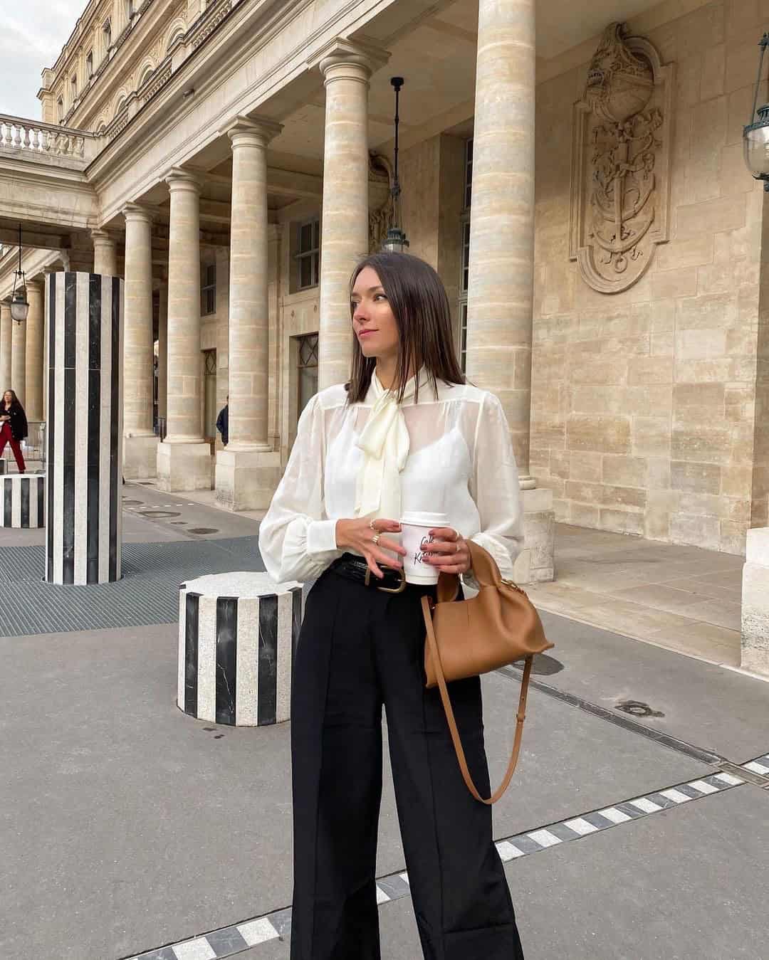 WHITE TIE FRONT BLOUSE + WIDE LEG TROUSERS