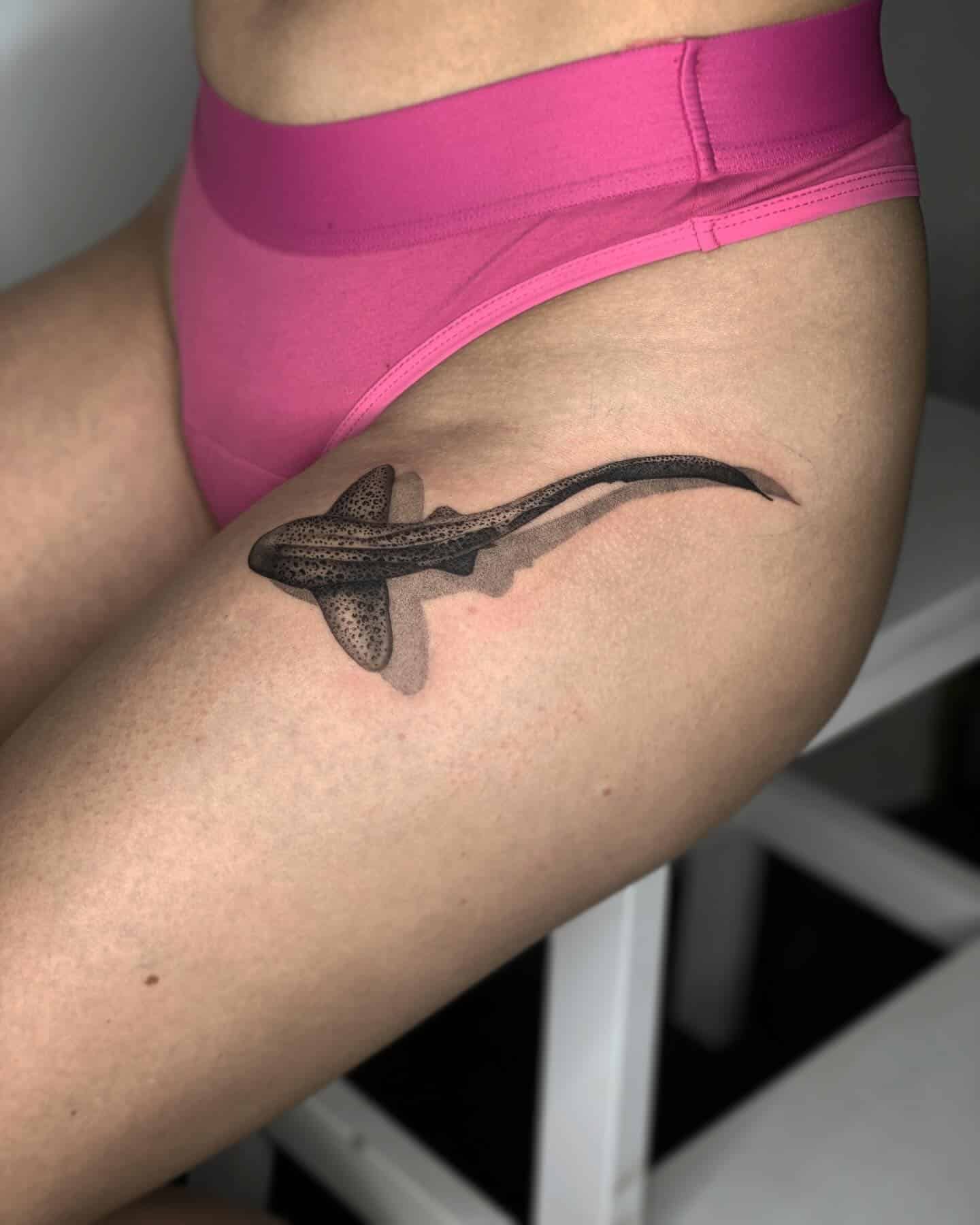 43] Whale Shark Shadow Tattoo: Artistic Below Hip Idea