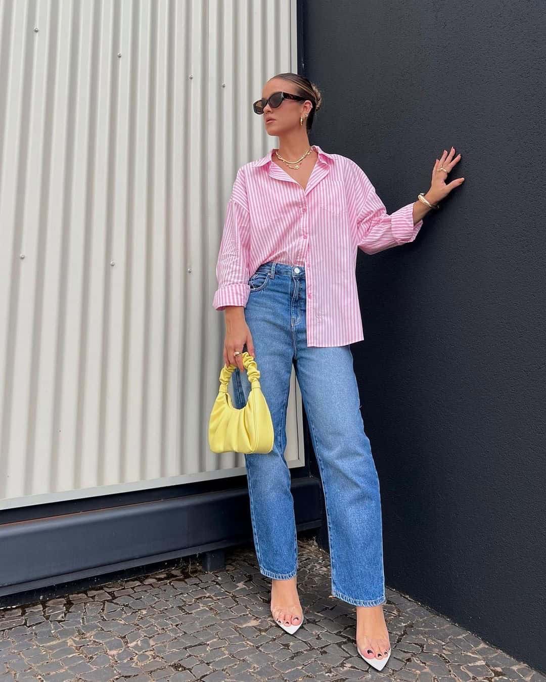 PINK STRIPED BUTTON DOWN + JEANS