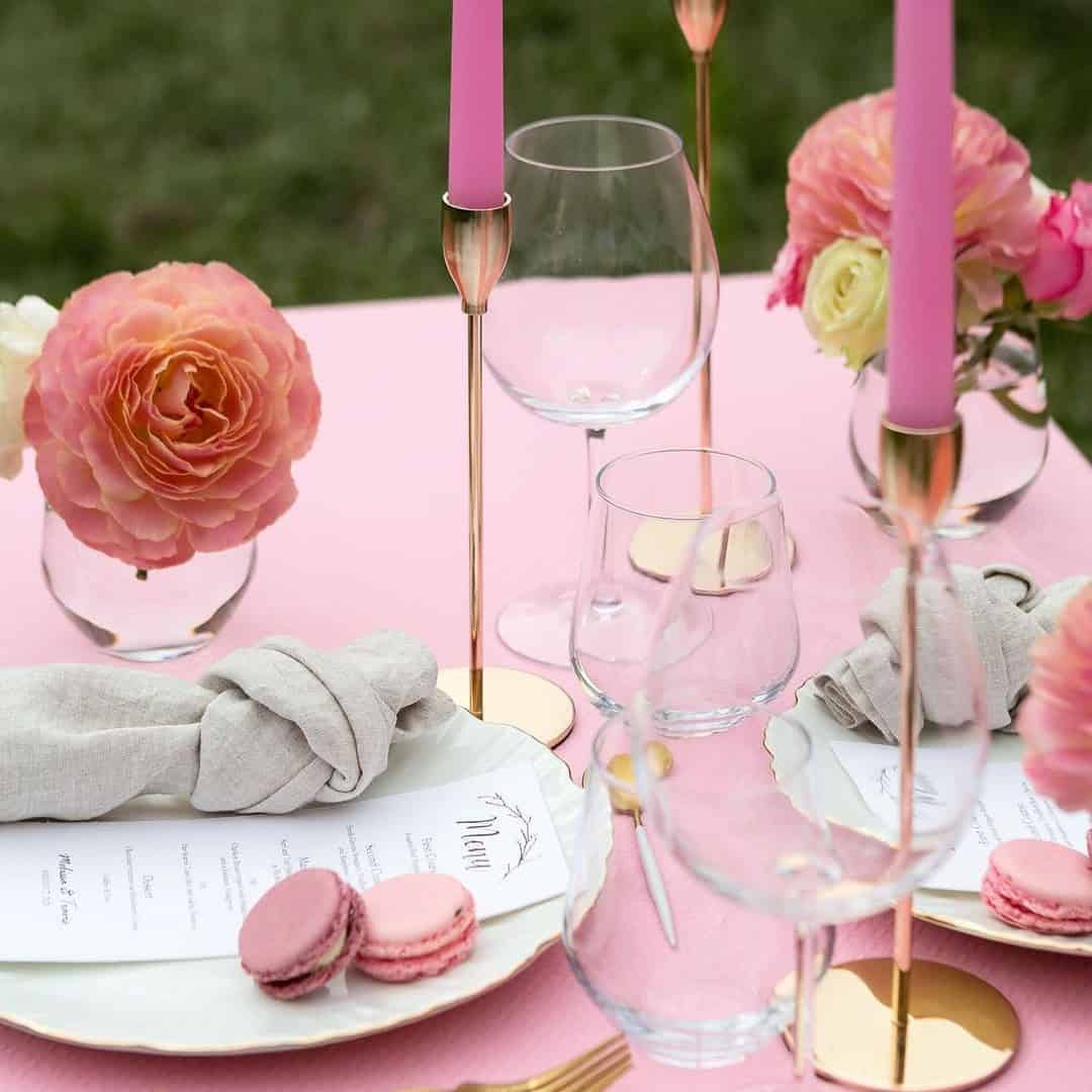 Pink Flowers, Pink Candles, And Pink Macaroons