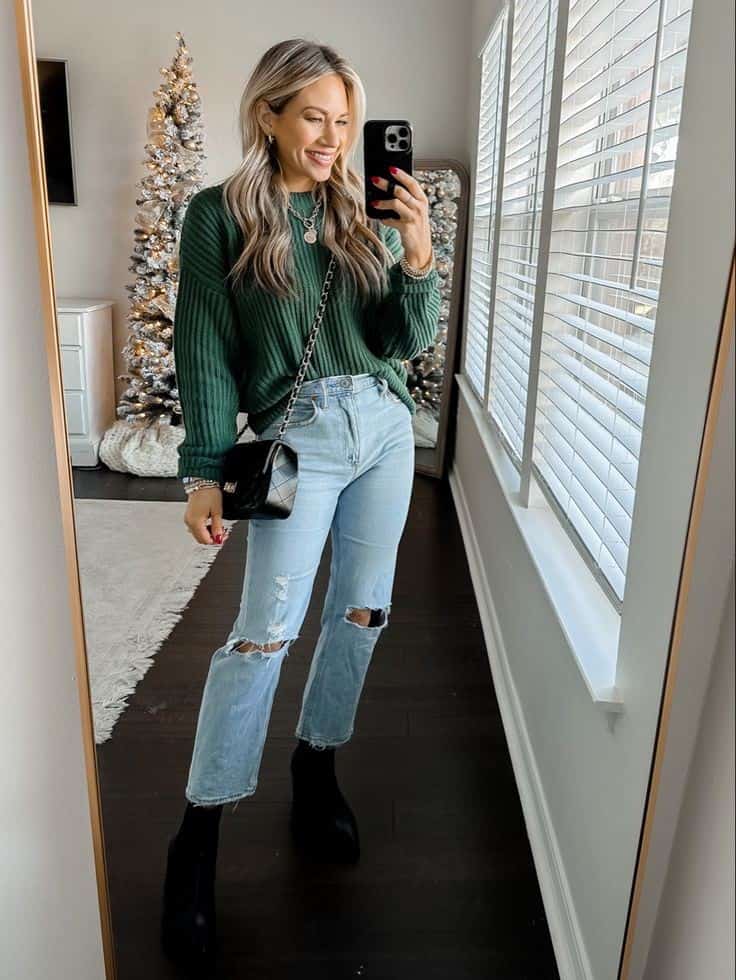 GREEN SWEATER + JEANS