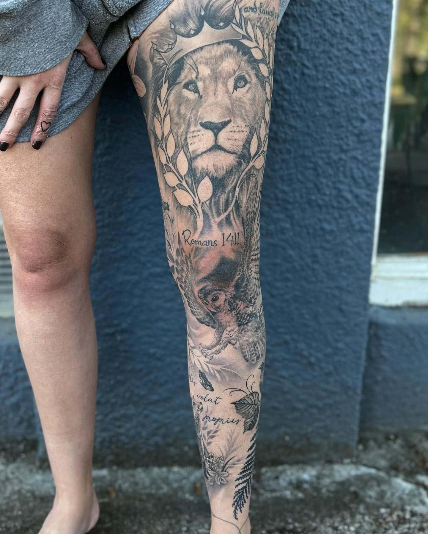 8] Flora And Fauna Full Leg Covered Tattoo Design