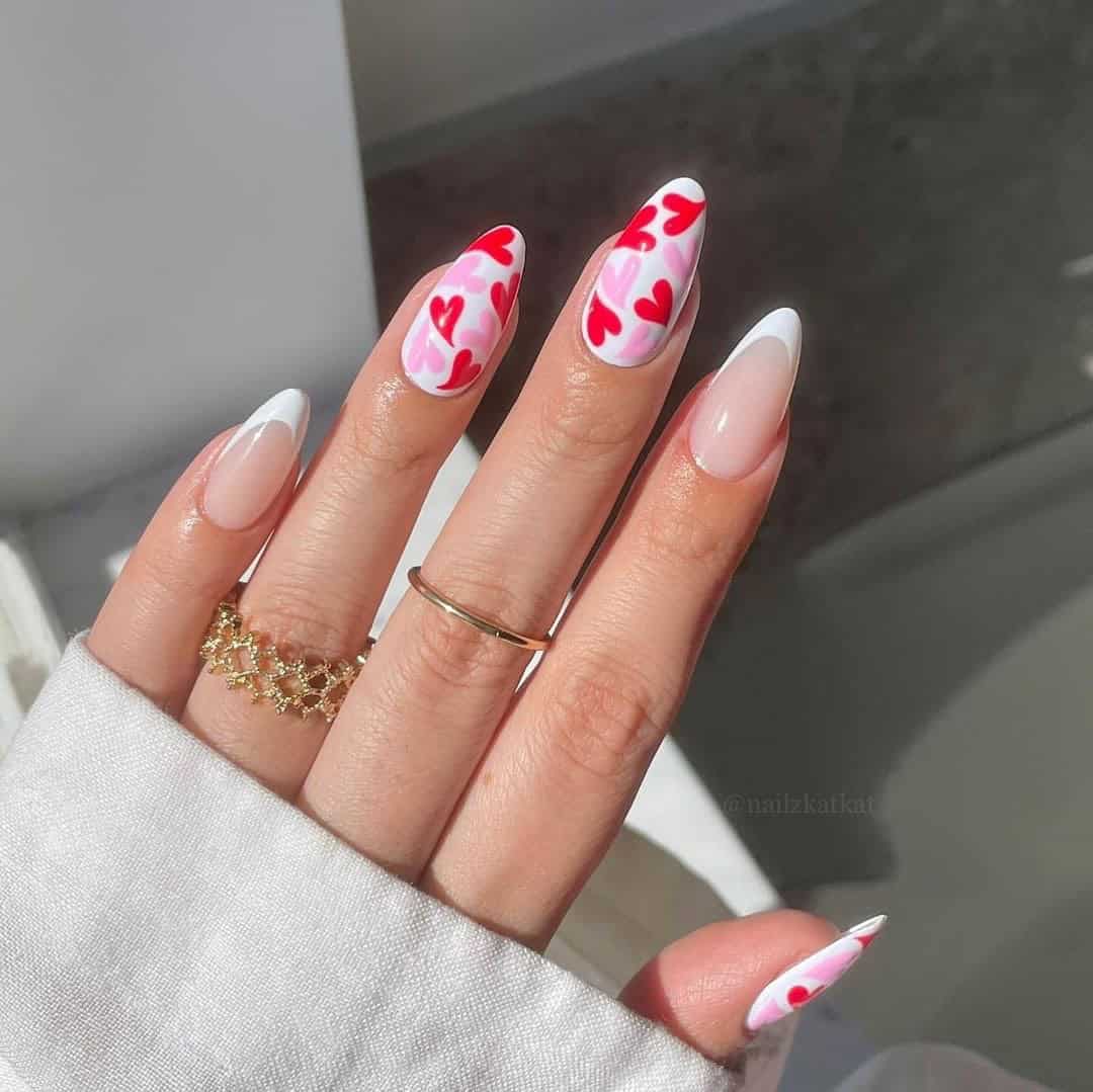 FRENCH NAILS WITH RED & PINK HEARTS