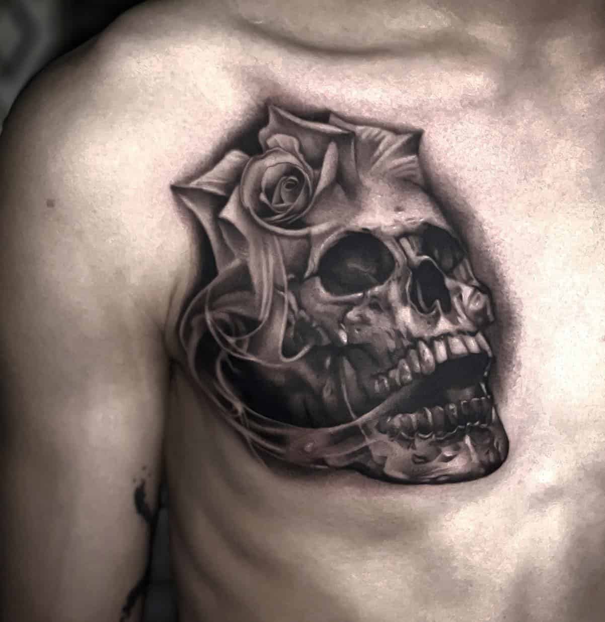 25] Rose Skull Chest Tattoo: Skull Bloom