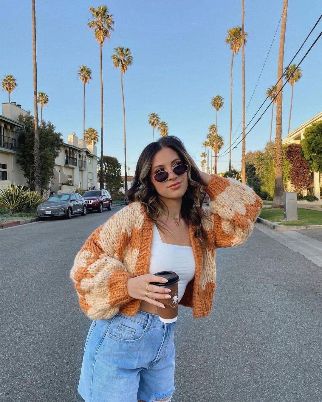 KNITTED CARDIGAN + WHITE TOP + DENIM SHORTS