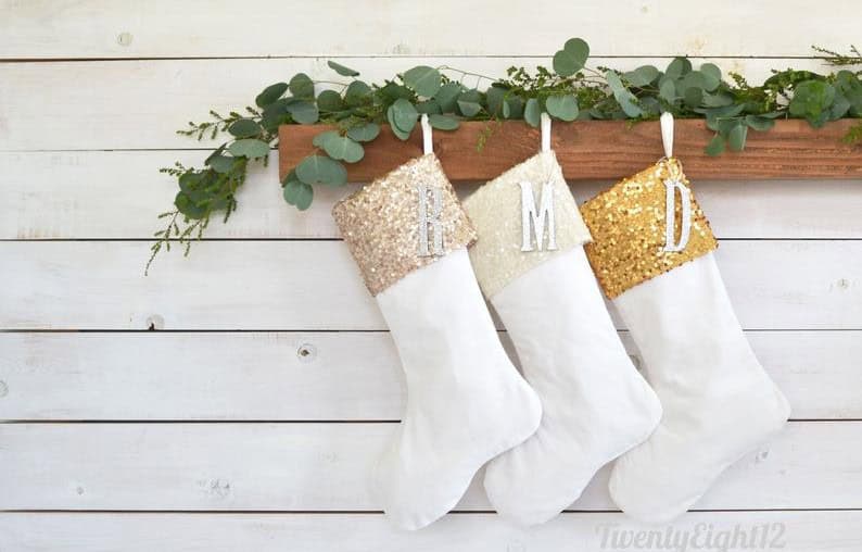 White & Metallic Personalized Christmas Stocking Set