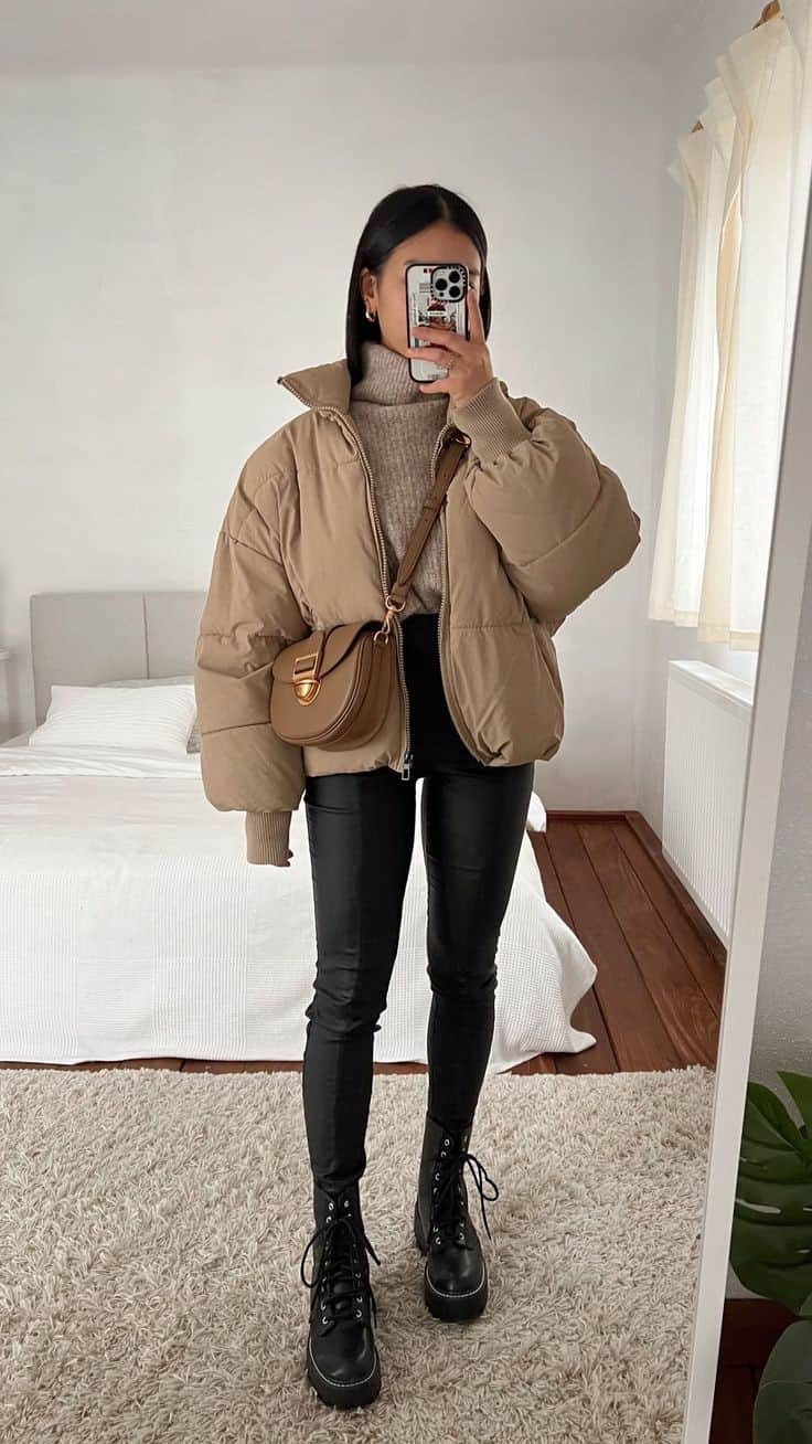 TURTLENECK SWEATER + PUFFER JACKET + FAUX LEATHER LEGGINGS