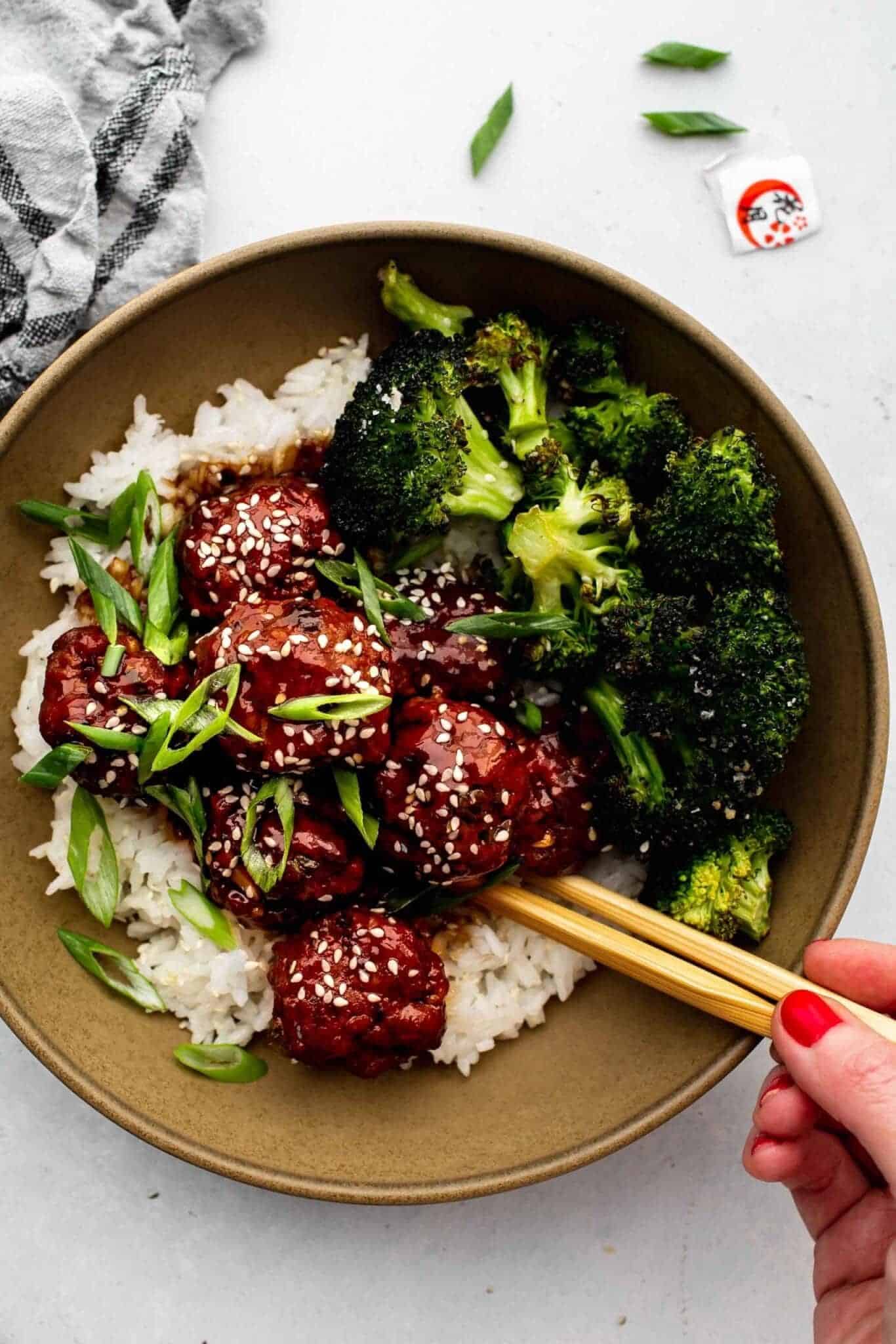 STICKY MONGOLIAN MEATBALLS AND BROCCOLI