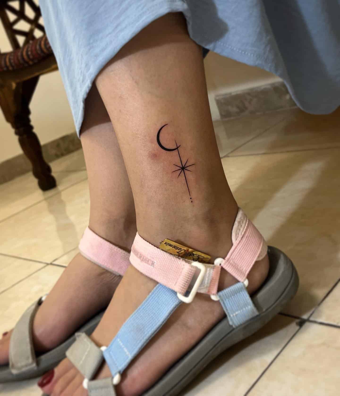 32] Minimalistic Magic: Moon and Stars Ankle Tattoo