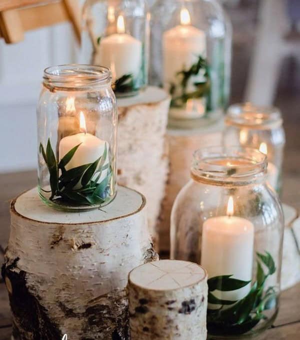 Wood, Leaves, And Candles In A Jar