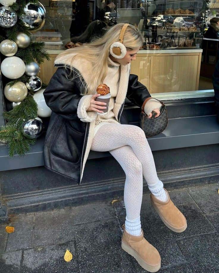 SHEARLING LINED LEATHER JACKET + TURTLENECK SWEATER + TIGHTS