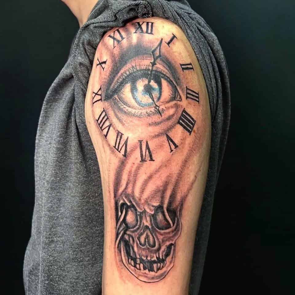 6] Realistic Eye With Clock Tattoo Design For Men