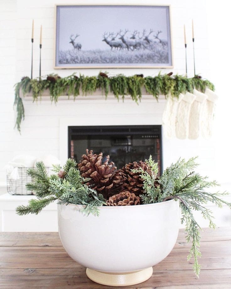 PINE CONES AND FAUX GREENERY CENTERPIECE