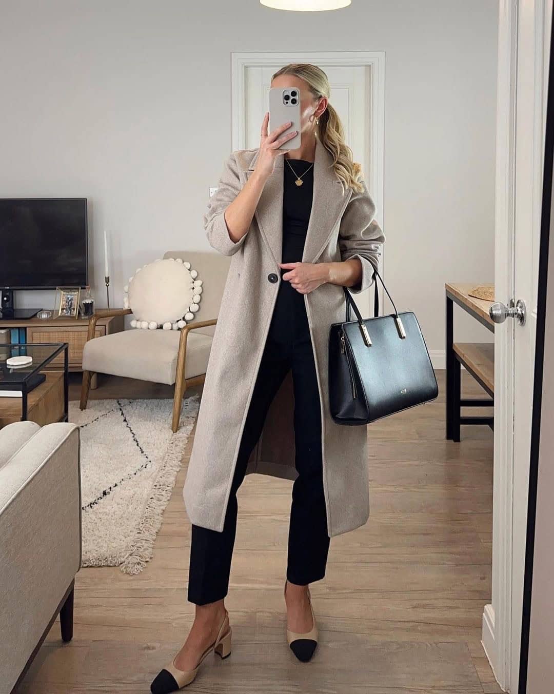 WOOL COAT + BLACK TOP + BLACK PANTS