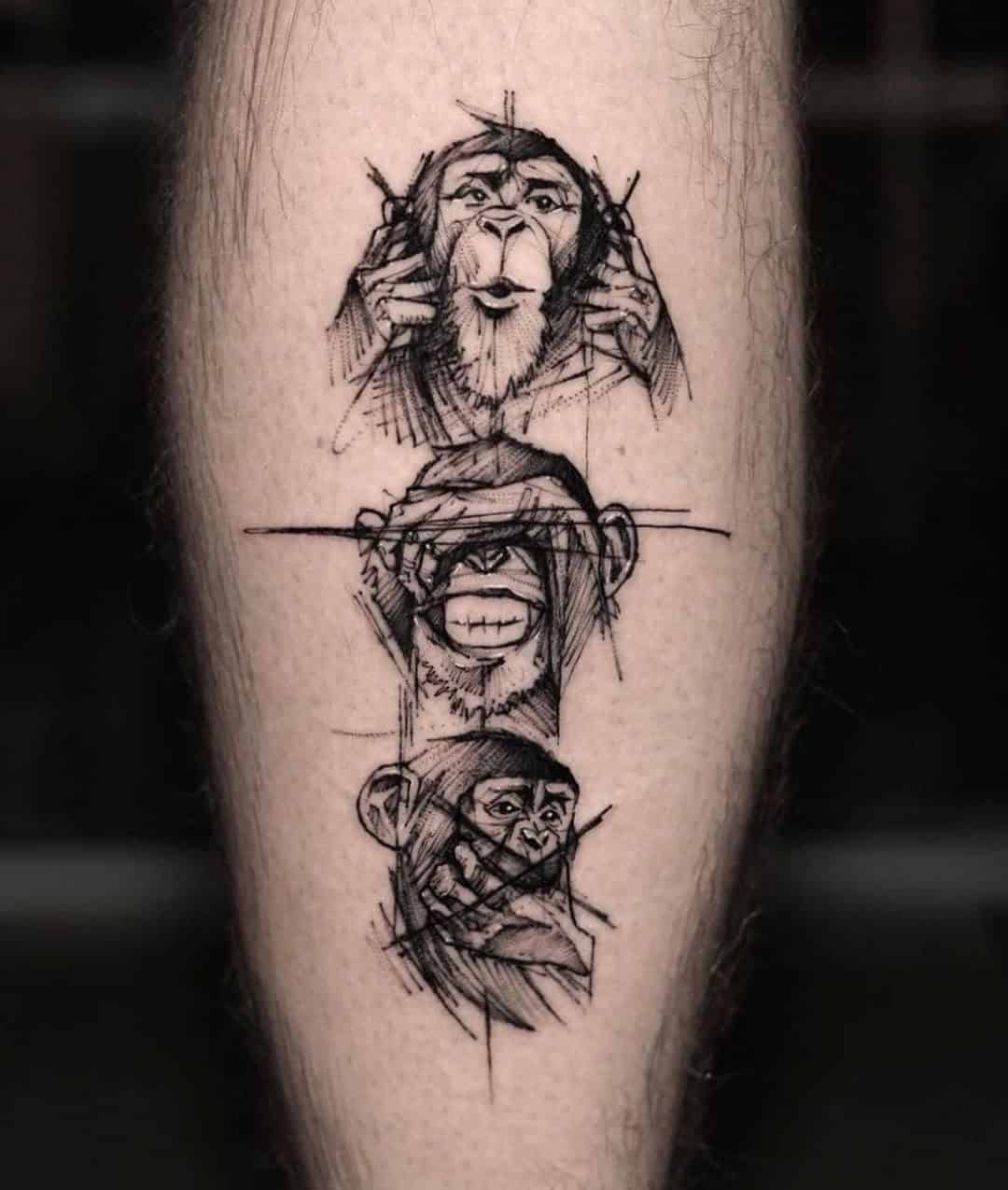 18] Realistic three Monkeys Sketch Calf Tattoo: Humorous Ink