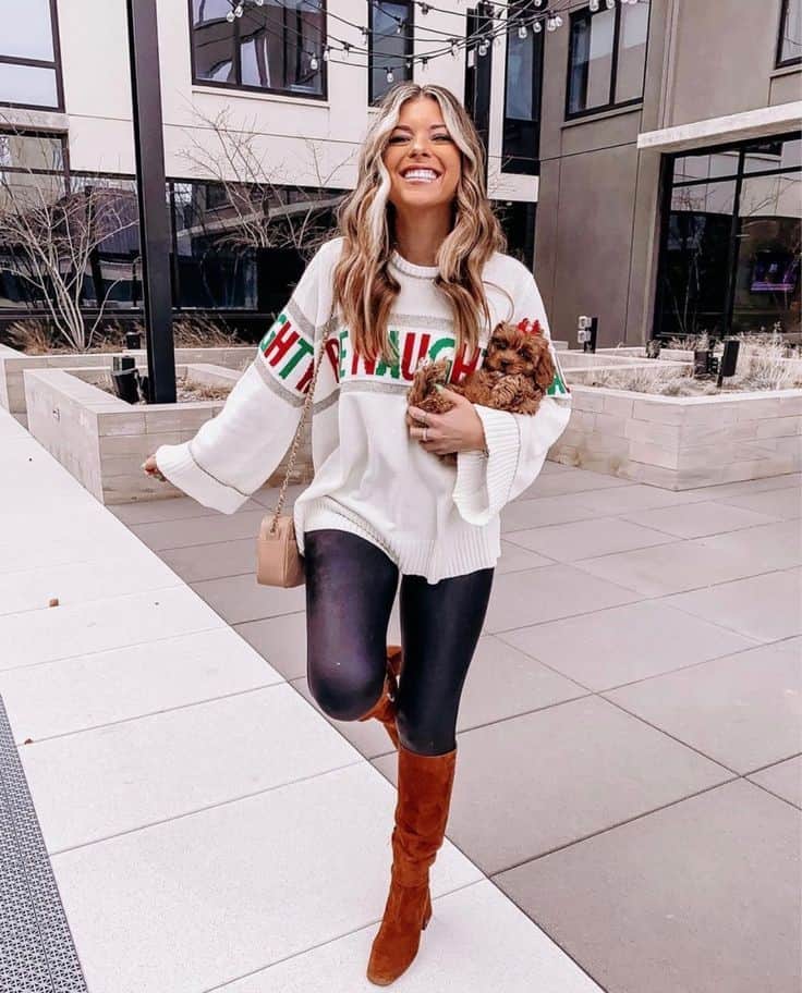 CHRISTMAS SWEATER + FAUX LEATHER LEGGINGS