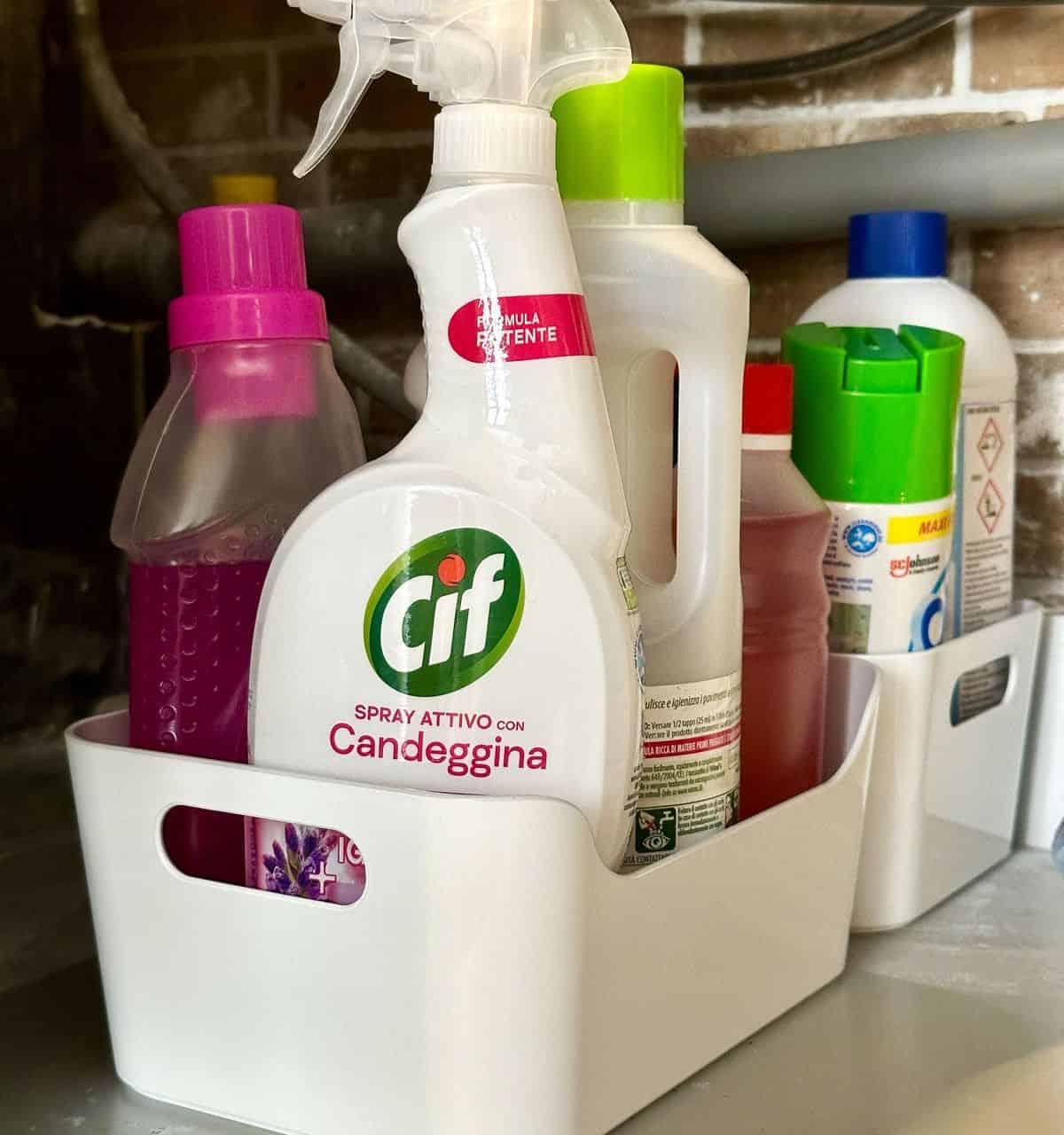 Use Plastic Containers to Organize Detergents Under the Sink