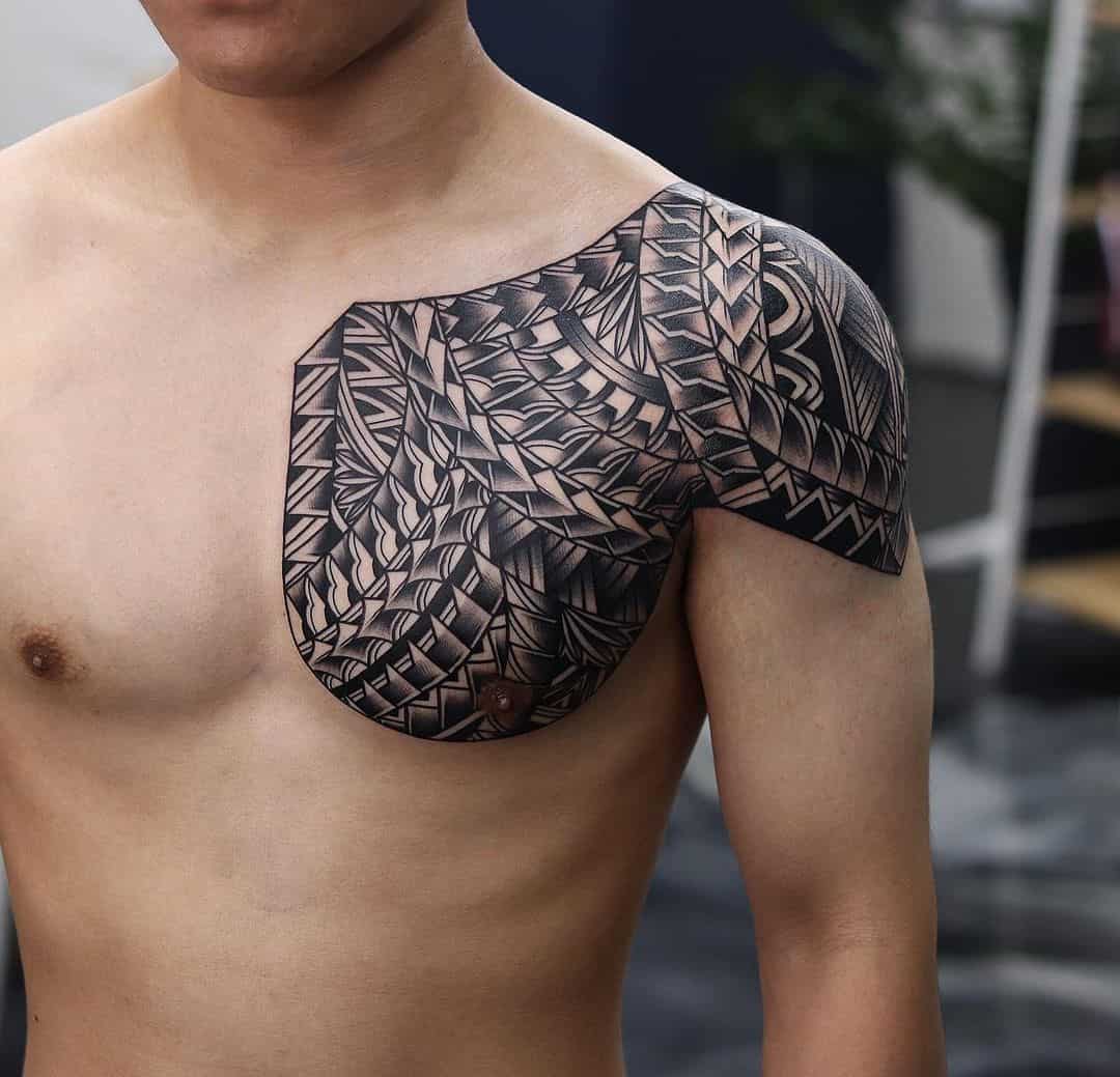 17] Freehand Polynesian Blackwork Tattoo: Chest Art