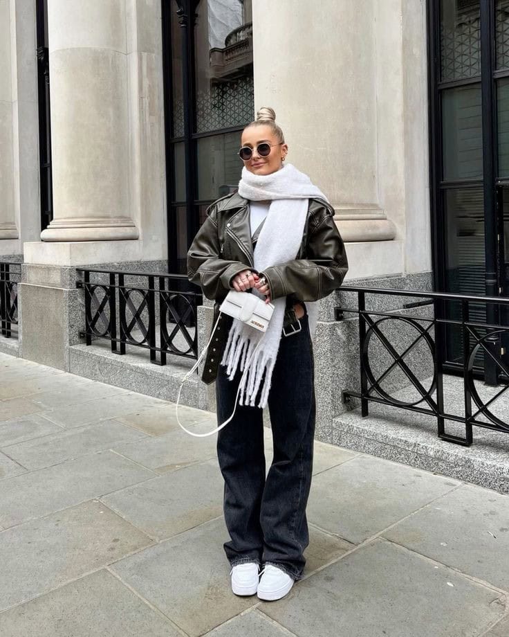 CROPPED LEATHER JACKET + BAGGY PANTS + SCARF